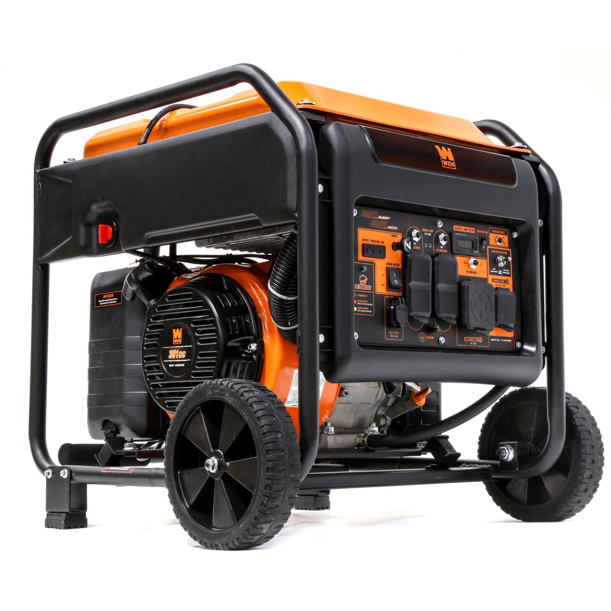 WEN Open Frame Inverter Generator - 6250W Surge, 5000W Rated, 120/240V, CO Shutdown Sensor, Wheel Kit, Model# GN625iX